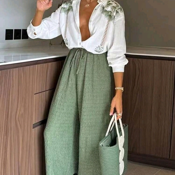 Women Floral Print Long Sleeve Shirt And Wide Leg Pants Set